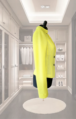 Marccain Yellow Jacket displayed in stylish closet, showcasing bright yellow knit fabric and modern design.