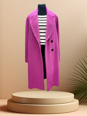 Marccain hot pink coat on display, made from virgin wool and alpaca for a luxurious feel and stylish look.