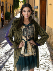 Green Stripped Faux Fur Coat