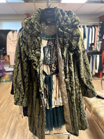 Green Stripped Faux Fur Coat