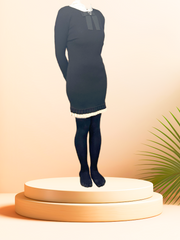 Crisca black wool dress displayed on a pedestal, highlighting its stylish design and luxurious 100% virgin wool fabric.