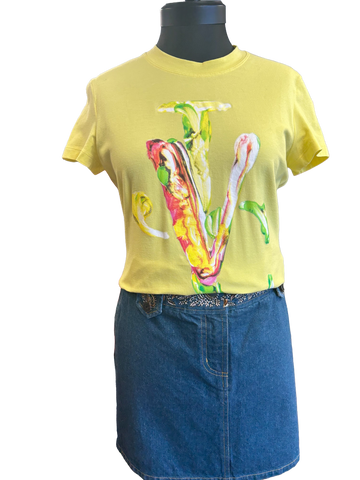 Versace Yellow T-Shirt featuring an intricate flower design, perfect for spring and summer styling.
