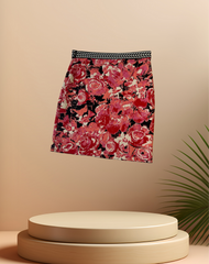 Marccain Pink Rose Print Skirt featuring a floral design and slim fit, perfect for elegant outfits.