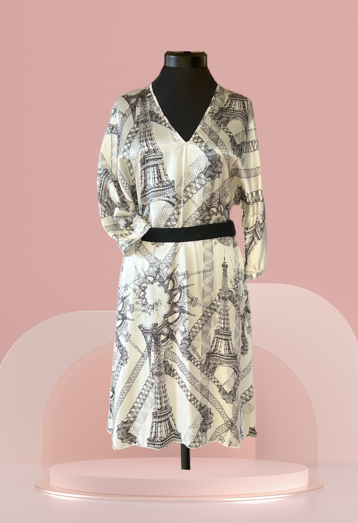Jean's Paul Gaultier silk dress featuring a black and white Eiffel Tower design with 3/4 sleeves on a mannequin.