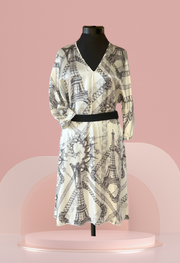 Jean's Paul Gaultier silk dress featuring a black and white Eiffel Tower design with 3/4 sleeves on a mannequin.