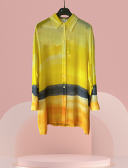Laurel Silk Long Shirt Outwear in sunset gradient yellow and navy, perfect for stylish summer evenings.
