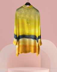 Laurel Silk Long Shirt Outwear in sunset gradient design, perfect for summer evenings, crafted from 100% luxurious silk.