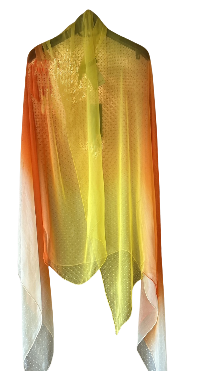 Laurel Long Scarf in sunset gradient hues of orange to yellow, made from luxurious silk, perfect for summer outfits.