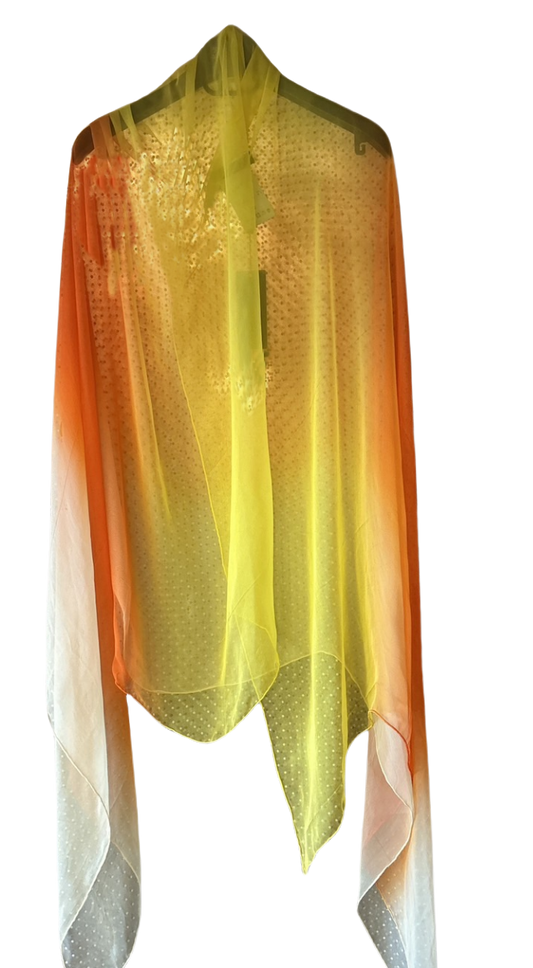 Laurel Long Scarf in sunset gradient hues of orange to yellow, made from luxurious silk, perfect for summer outfits.