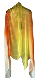 Laurel Long Scarf in sunset gradient hues of orange to yellow, made from luxurious silk, perfect for summer outfits.