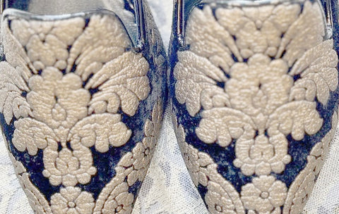 Marccain black embroidery ballerina shoes with elegant gold floral design, ideal for fashion-forward wardrobe.