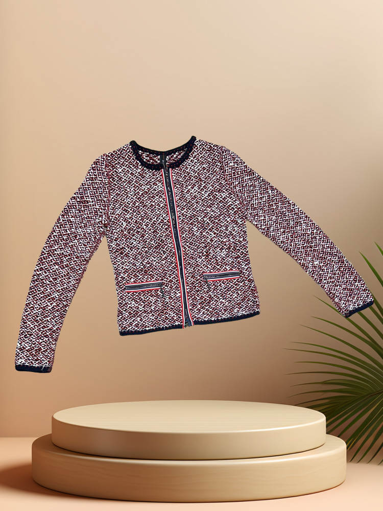 Marccain spring jacket featuring a vibrant mix of blue and red threads, perfect for stylish spring wardrobe.
