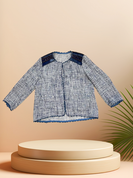 Seventy Blue Spring Jacket with bead detailing on shoulders, perfect for casual and formal occasions.