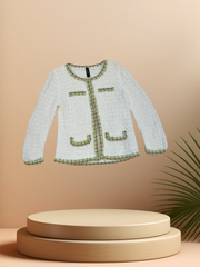 Marccain Whit Spring Jacket in white with colorful neckline, perfect for stylish spring looks.