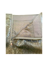 Interior view of Marccain short skirt showing edgy leather look fabric and zipper detail, illustrating superior craftsmanship.
