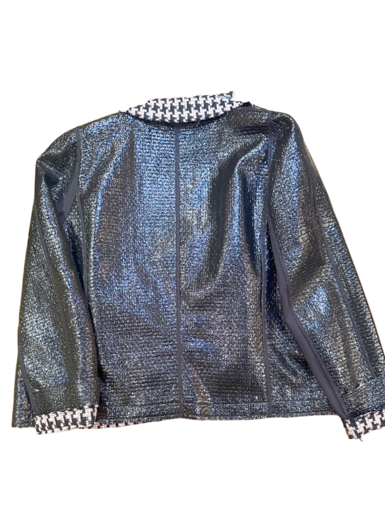 Back view of the Marccain Reversible Jacket featuring a shiny black leather look and Houndstooth trim, perfect for versatile style.