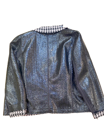 Back view of the Marccain Reversible Jacket featuring a shiny black leather look and Houndstooth trim, perfect for versatile style.