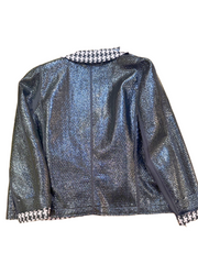 Back view of the Marccain Reversible Jacket featuring a shiny black leather look and Houndstooth trim, perfect for versatile style.