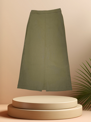 D'errico Army Green Long Skirt displayed on a pedestal, highlighting its straight cut and chic design.