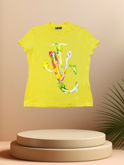 Versace yellow T-shirt with intricate flower design, perfect for stylish spring and summer outfits.