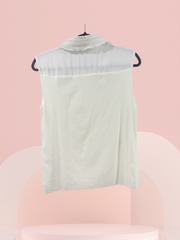 Back view of Marccain white blouse with flounce collar, perfect for any occasion, crafted from durable microfiber material.
