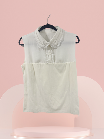 Marccain white blouse with flounce collar, perfect for any occasion, crafted from quality polyester material.