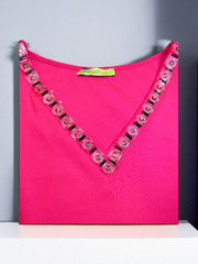 Versace hot pink blouse with V neck and signature Jam decor detail, perfect for stylish wardrobe updates.