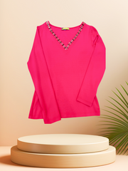Versace hot pink blouse with V neck and decorative Jam accents, perfect for stylish wardrobes.