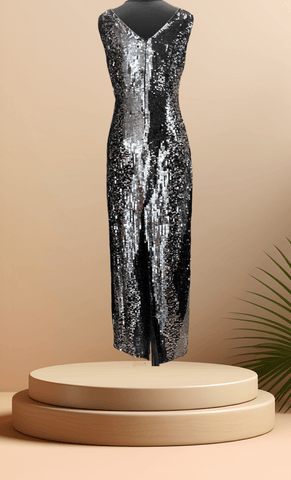 Stunning After Six Sequins Dress in silver and black, perfect for events and banquets, featuring a sleek long design.