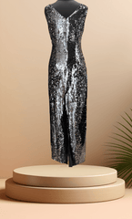 Stunning After Six Sequins Dress in silver and black, perfect for events and banquets, featuring a sleek long design.