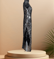 Elegant After Six sequins dress, perfect for events, showcasing a sleek design with shimmering silver details.