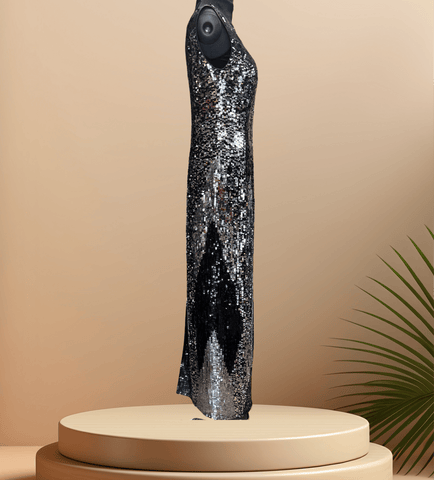 Elegant After Six sequins dress, perfect for events, showcasing a sleek design with shimmering silver details.