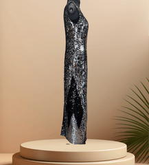 Elegant After Six sequins dress, perfect for events, showcasing a sleek design with shimmering silver details.