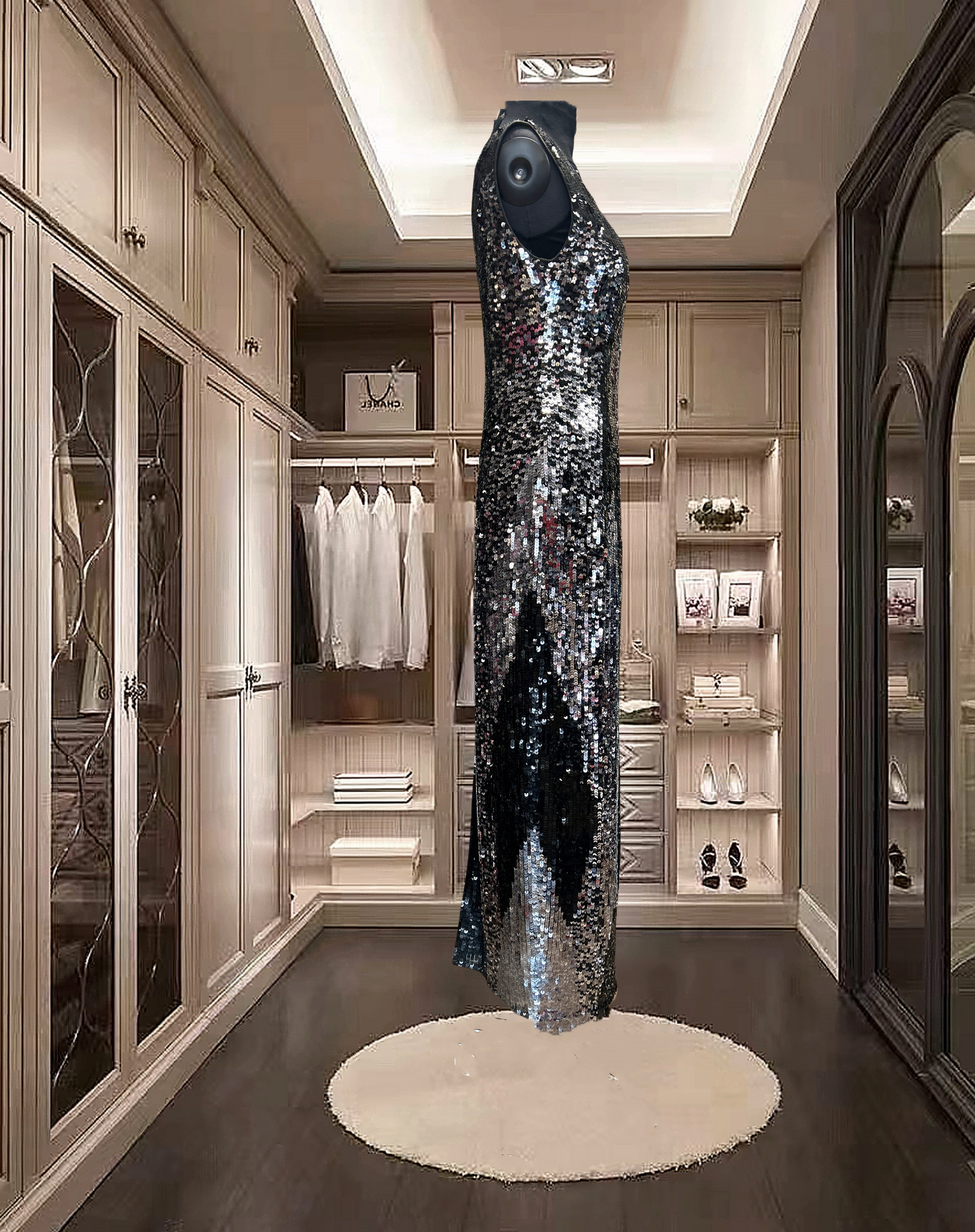 Striking After Six Sequins Dress displayed in an elegant dressing room, showcasing its shimmering silver design.