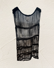 Black fringed dress showcasing a unique design with vertical lines and layered texture, perfect for stylish outfits.