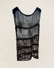 Black fringed dress showcasing a unique design with vertical lines and layered texture, perfect for stylish outfits.