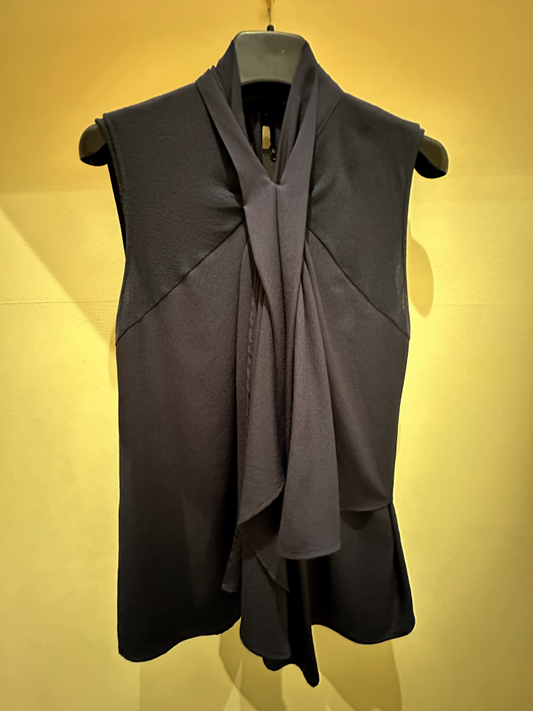 Navy blue Seventy blouse featuring elegant draped design, made from 70% viscose and 30% lana wool.