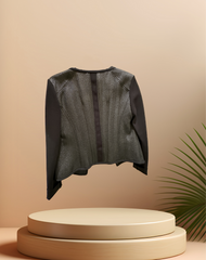 Marccain black jacket with unique zig zag pattern on display, featuring zip closure for a rock-inspired look.