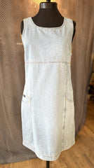 Escada Denim Dress in light blue, sleeveless with A-line shape and pockets, made of 100% cotton fabric.