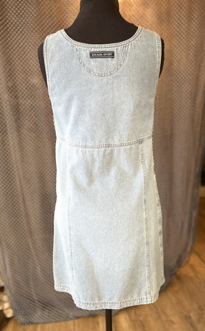Back view of Escada Denim Dress showcasing its sleeveless vest style and flattering A-line shape in high-quality cotton.