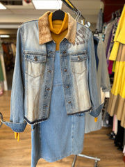 Escada denim dress with a stylish jacket, featuring a classic A-line silhouette and comfortable cotton fabric.