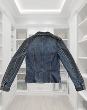 Escada Denim Jacket showcasing intricate stitching and tailored collar in a stylish wardrobe setting.