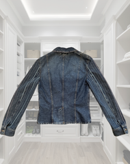 Escada Denim Jacket showcasing intricate stitching and tailored collar in a stylish wardrobe setting.