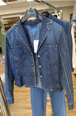 Escada Denim Jacket with tailored collar and intricate stitch design, perfect for stylish wardrobes.
