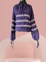 Jean's Paul Gaultier purple blouse with puff sleeves, made of cotton and silk, perfect for versatile styling.