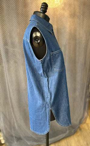 Karl Lagerfeld Denim Vest displayed on a mannequin, featuring a stylish side view and high-quality denim fabric.