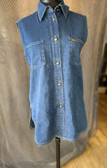 Karl Lagerfeld Denim Vest on a mannequin, featuring buttons and pockets, perfect for a stylish and versatile wardrobe.