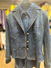 Karl Lagerfeld Denim Vest displayed on hanger, showcasing quality denim fabric and stylish button design.