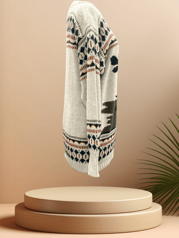 Side view of the Laurel Christmas Sweater showcasing festive patterns and cozy design, perfect for holiday celebrations.