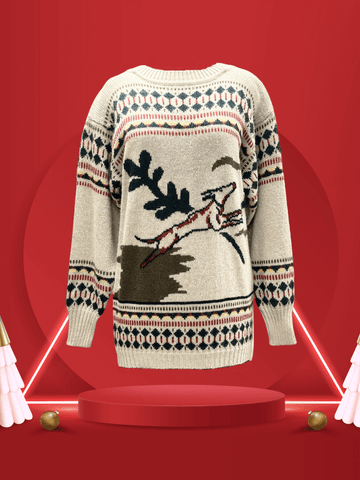 Laurel Christmas Sweater featuring festive reindeer design, made of warm materials for cozy holiday style.